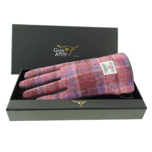 Ladies Brown Leather & Authentic Harris Tweed Gloves Pink Check