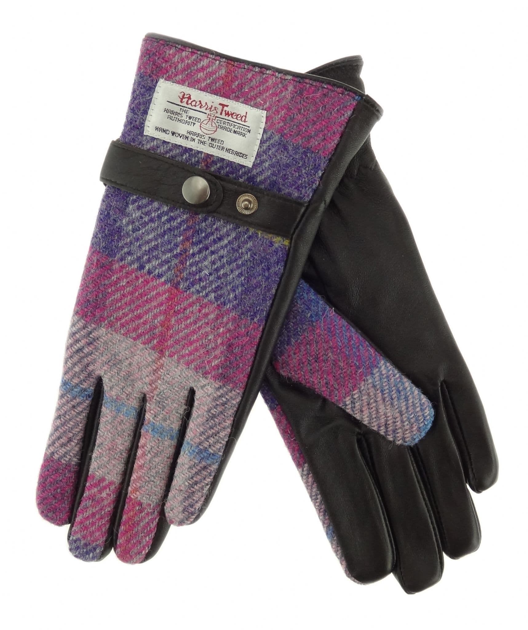 Ladies Brown Leather & Authentic Harris Tweed Gloves Pink/Purple Tartan