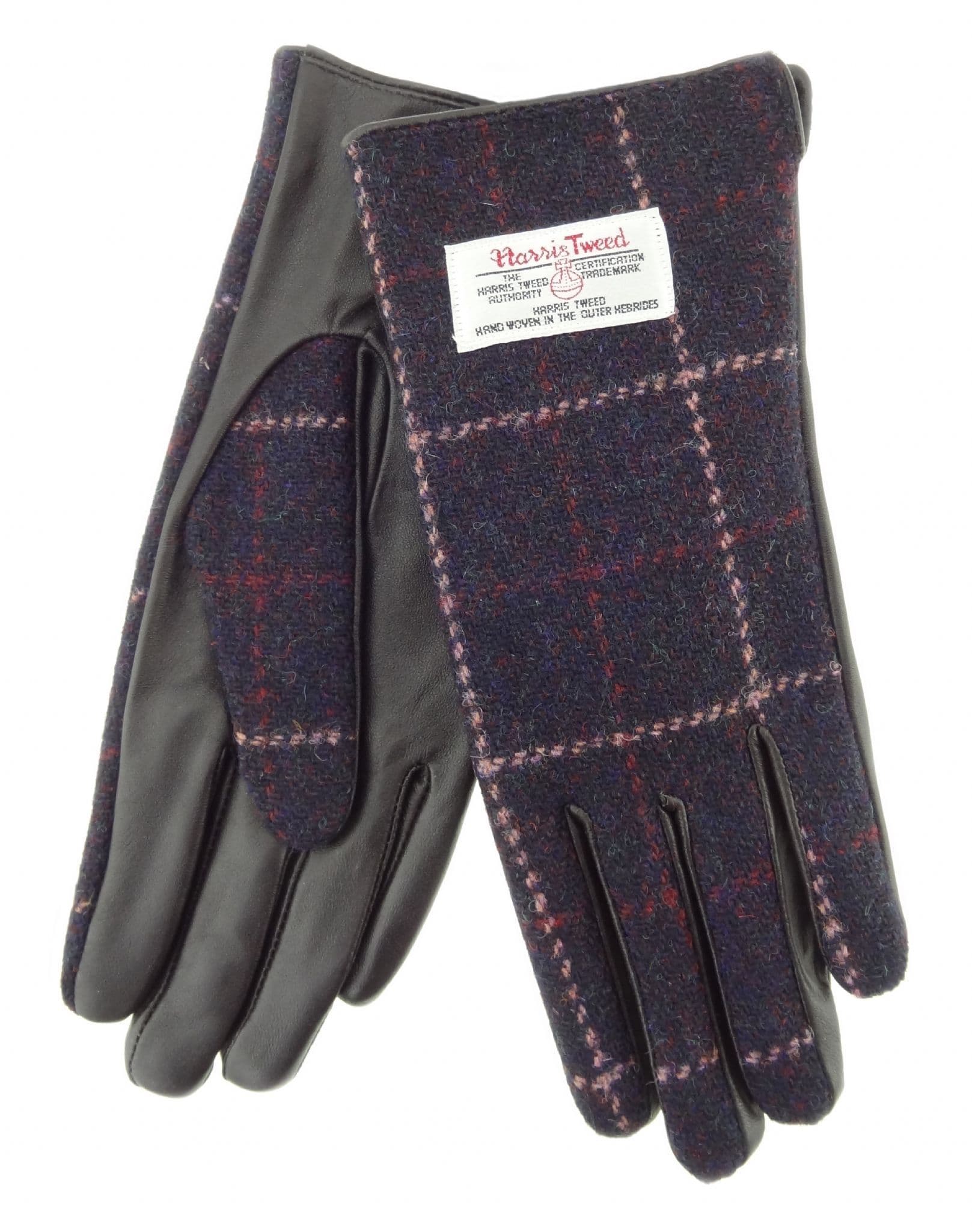 Ladies Brown Leather & Authentic Harris Tweed Gloves Wine/Pink Overcheck