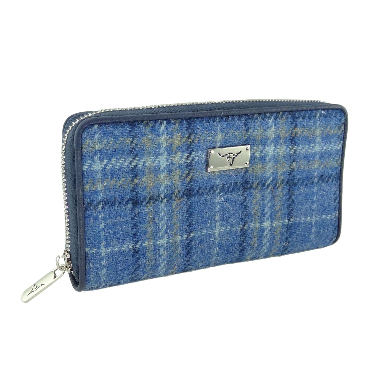 Ladies Harris Tweed Long Staffa Zip Round Purse Light Blue  Check