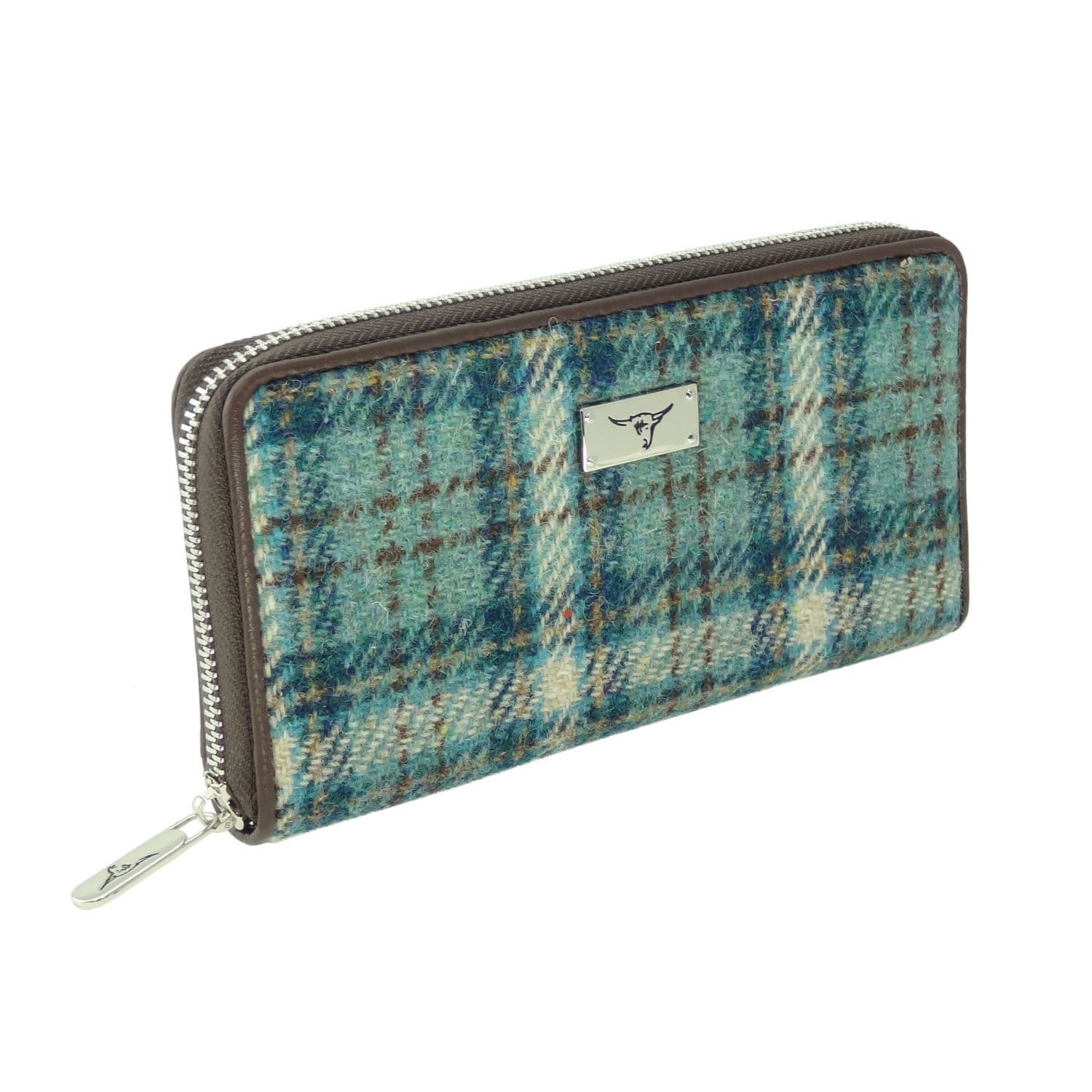 Ladies Harris Tweed Long Staffa Zip Round Purse Light Green Check
