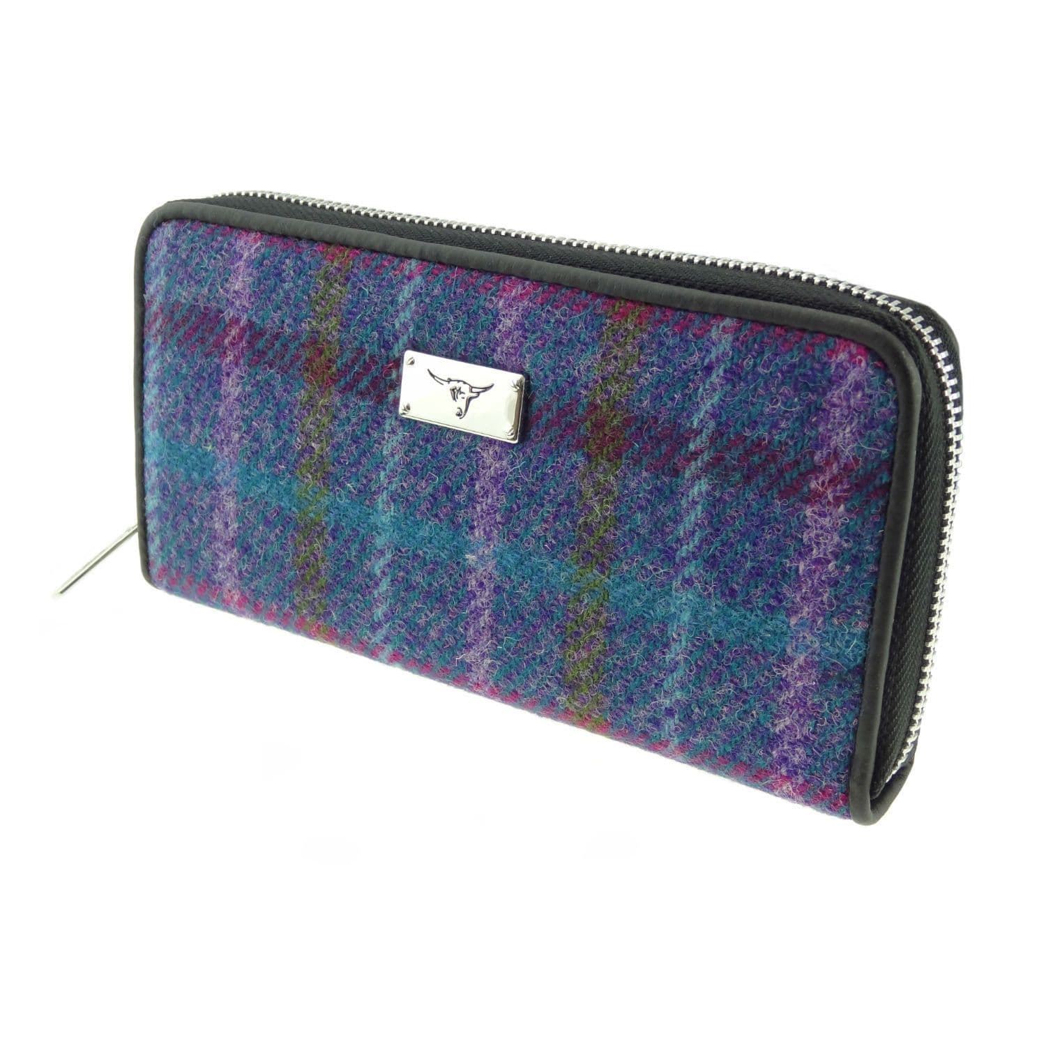 Ladies Harris Tweed Long Staffa Zip Round Purse Multi Purple Check