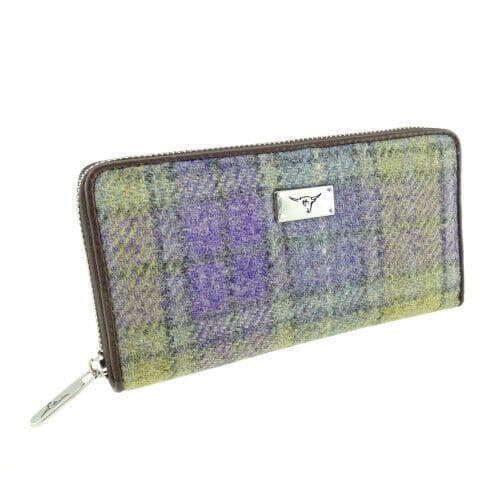Ladies Harris Tweed Long Staffa Zip Round Purse Muted Lilac Green Check