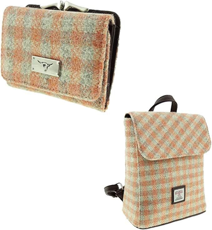 Ladies Harris Tweed Mini Backpack With Matching Purse, 2 Pieces Backpack and Purse Gift Set - Orange