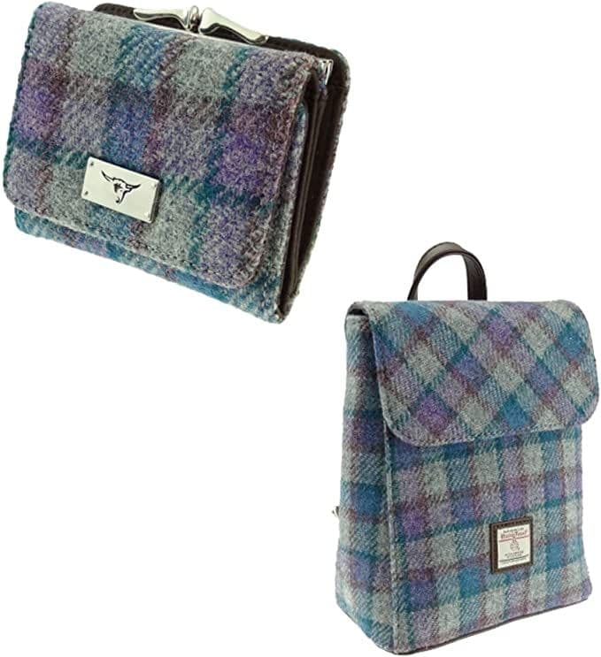 Ladies Harris Tweed Mini Backpack With Matching Purse, 2 Pieces Backpack and Purse Gift Set - Blue