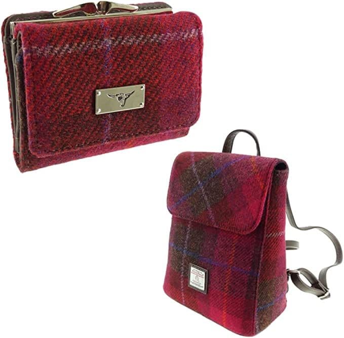 Ladies Harris Tweed Mini Backpack With Matching Purse, 2 Pieces Backpack and Purse Gift Set - Pink
