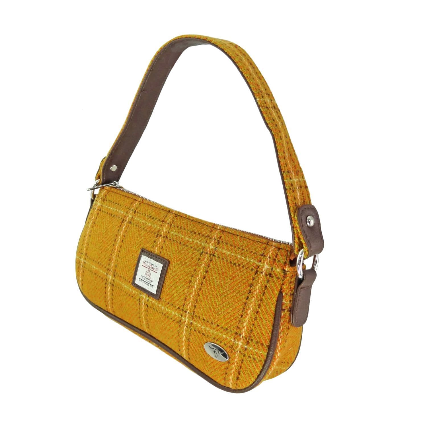 Ladies Harris Tweed Mustard Overcheck Shoulder Bag With Tweed Strap