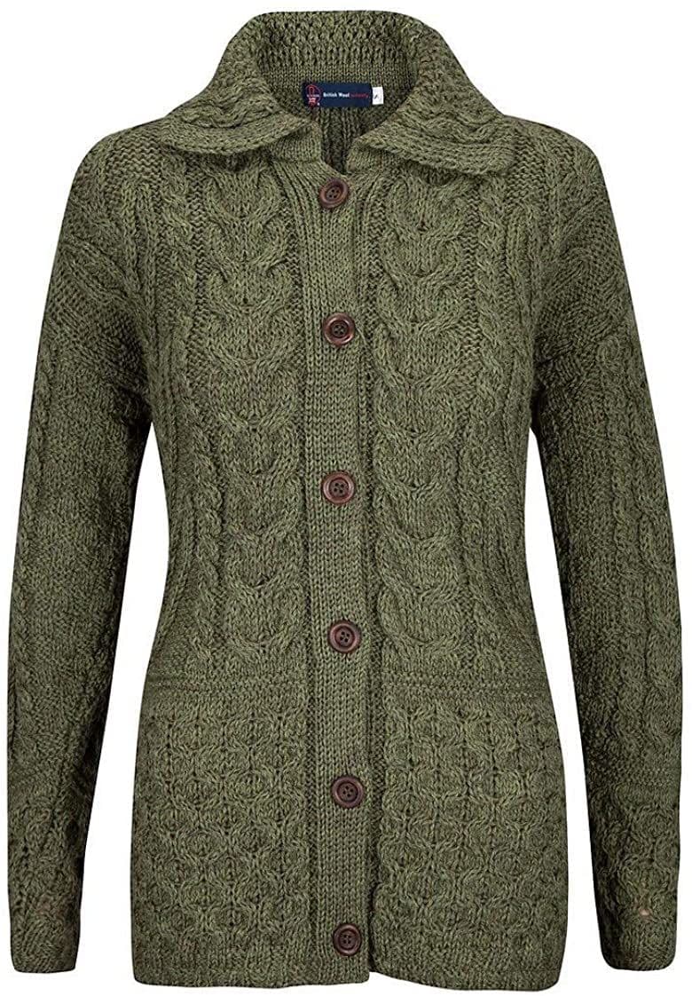 Ladies Pure British Wool Apple Green Aran  Cardigan