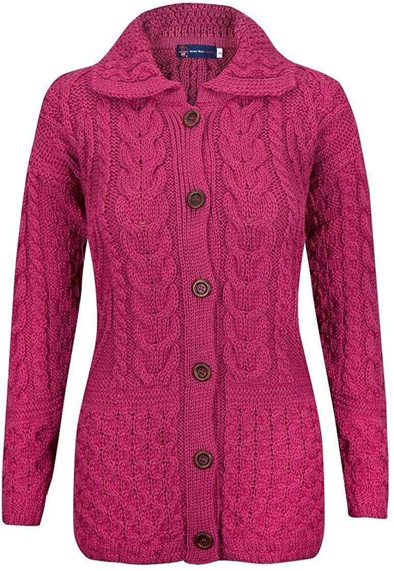 Ladies Pure British Wool Blossom Pink Aran Cardigan
