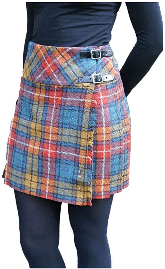 Ladies Pure Shetland Wool Antique Buchanan Tartan Broad Waistband Mini Kilt