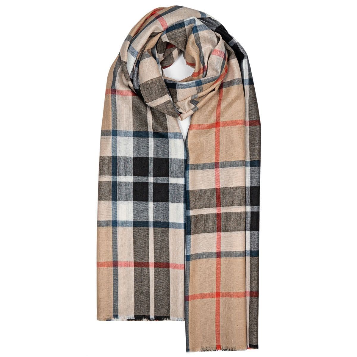 Ladies Thomson Camel Tartan Extra Fine Merino Wool Stole