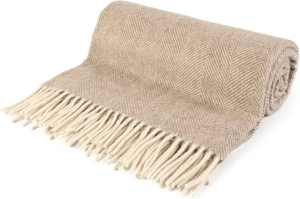 Natural Herringbone Wool Blend Blanket Throw 68 inch x 59 inch