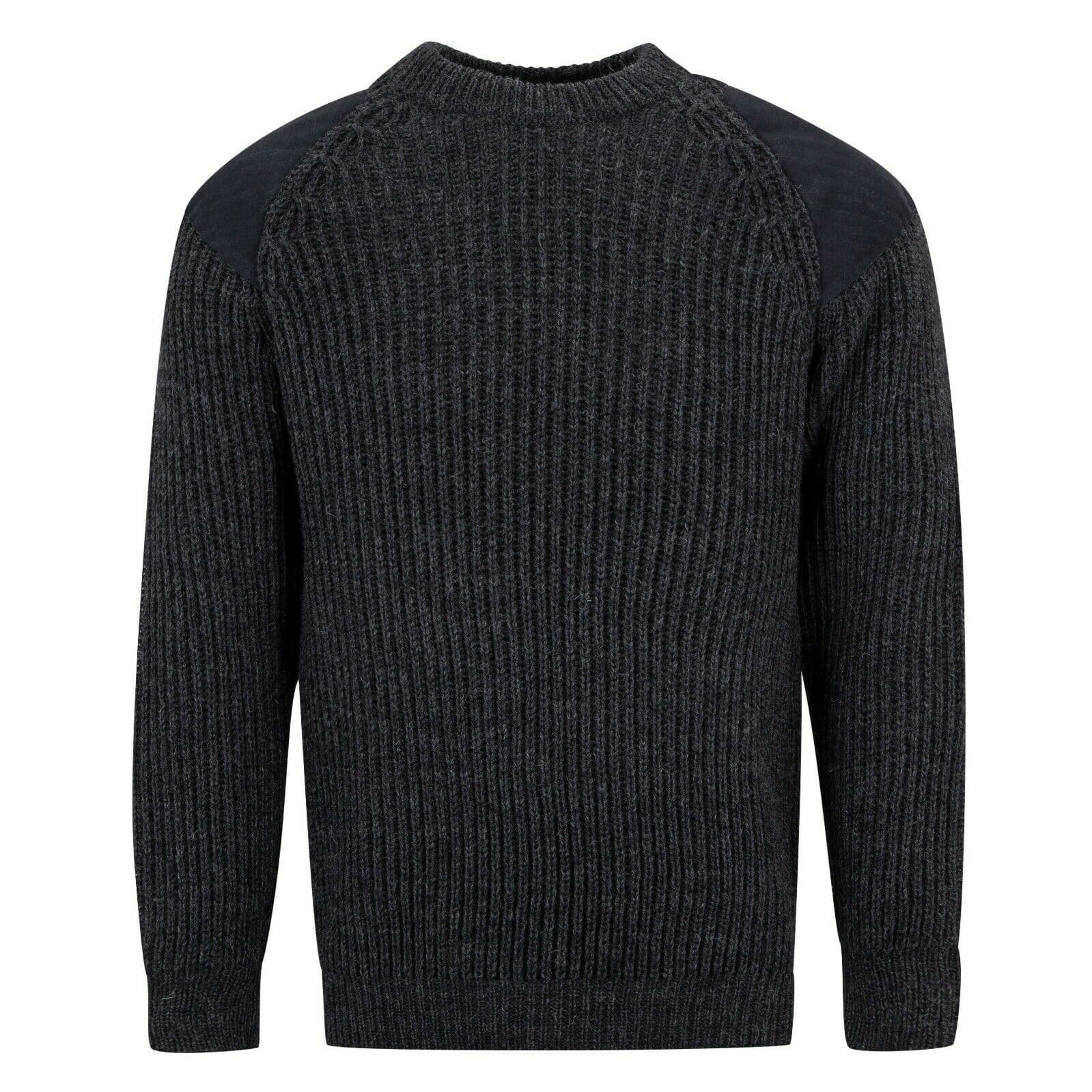 Pure British Wool Countryman Patch Crew Neck Charcoal Arran Jumper