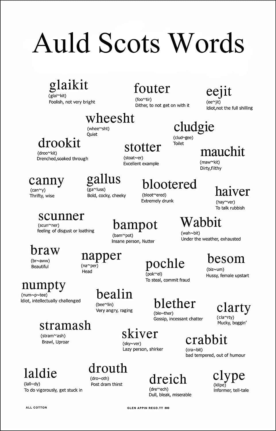 Pure Cotton Auld Scots Words Tea Towel