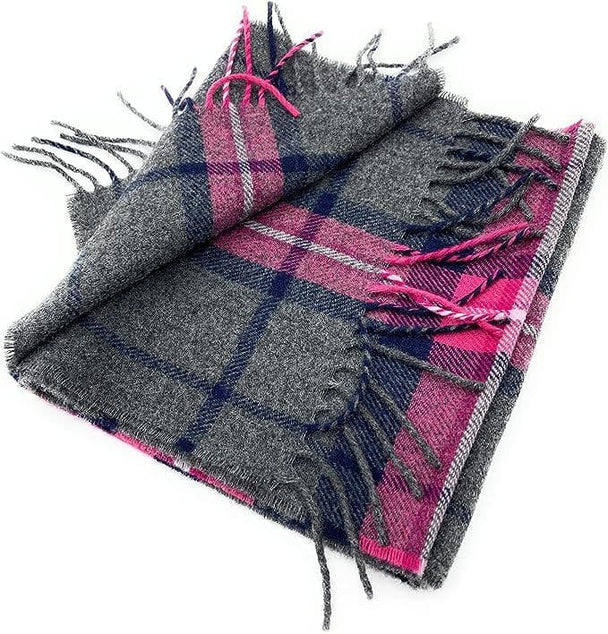 Pure Lambswool Pink & Grey Check Scarf - Made in Scotland