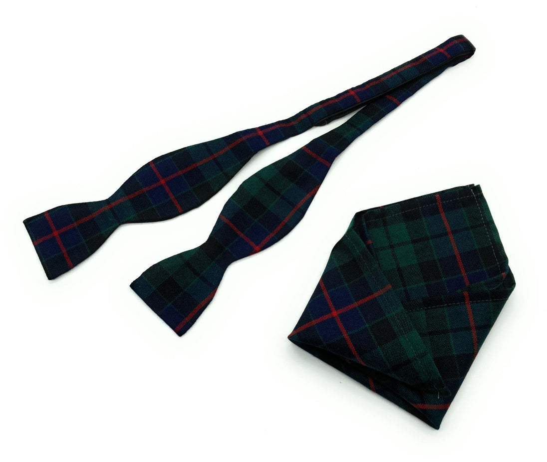 Pure Wool Morrison Modern Tartan Self Tied Bow Tie & Matching Pocket Square Set - Made in Scotland