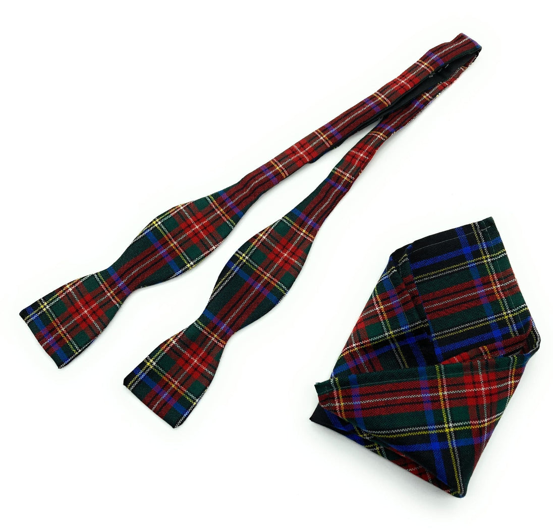 Pure Wool Stewart Black Tartan Self Tied Bow Tie & Matching Pocket Square Set - Made in Scotland