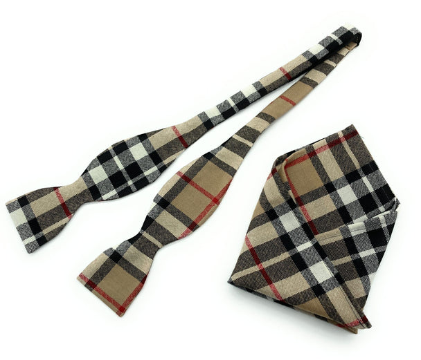 Pure Wool Thomson Camel Tartan Self Tied Bow Tie & Matching Pocket Square Set - Made in Scotland