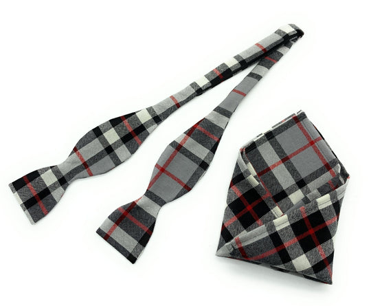 Pure Wool Thomson Grey Tartan Self Tied Bow Tie & Matching Pocket Square Set - Made in Scotland