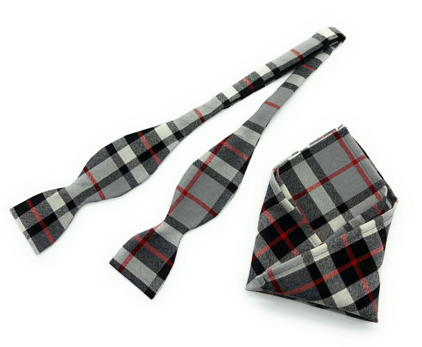 Pure Wool Thomson Grey Tartan Self Tied Bow Tie & Matching Pocket Square Set - Made in Scotland