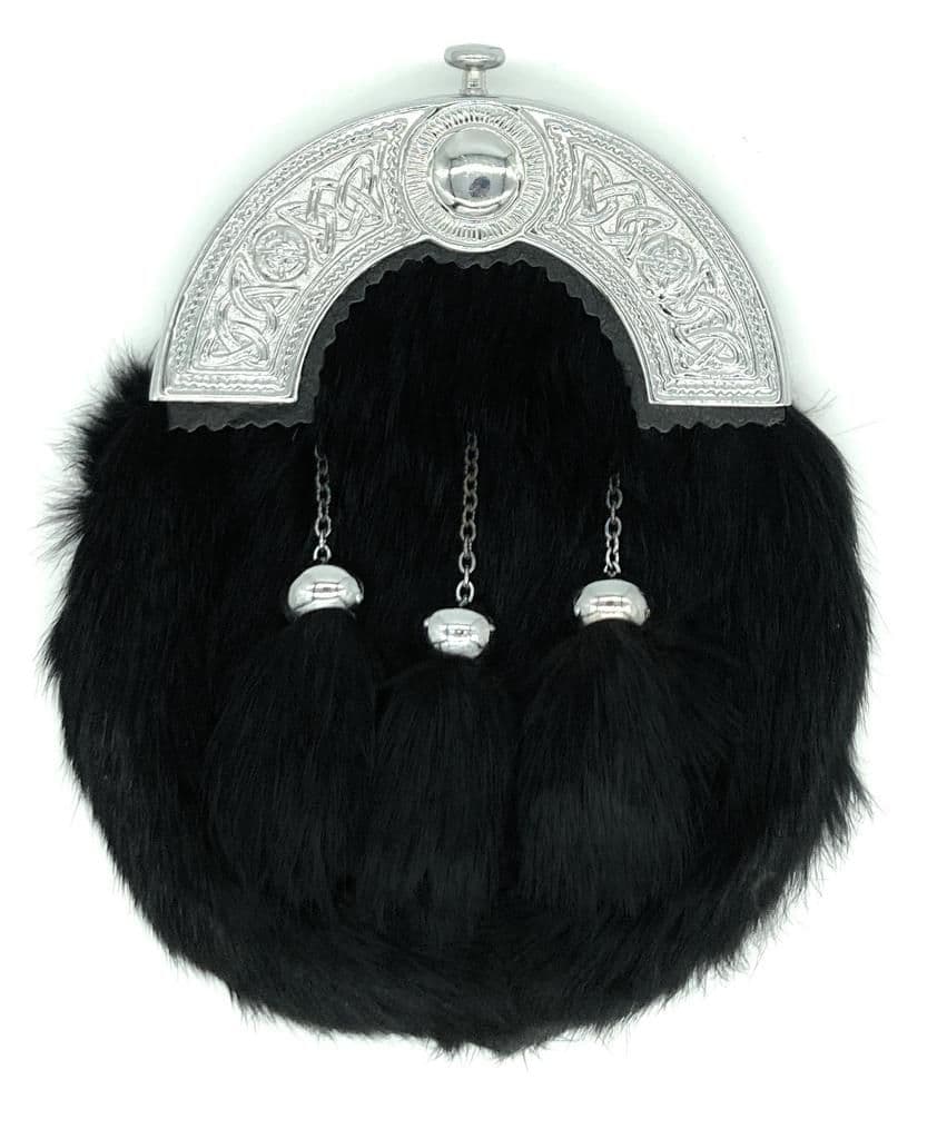 Scottish traditional full dress celtic circle with studs rabbit fur kilt sporran & chain belt