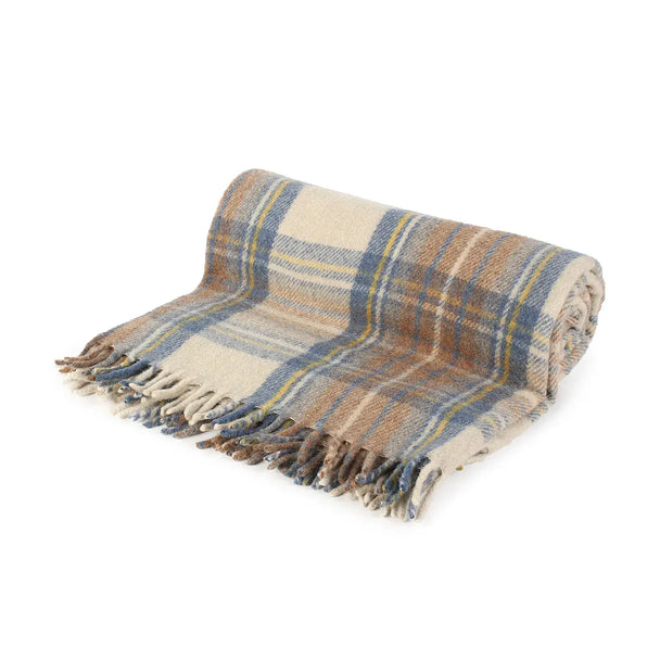 Stewart Muted Blue Tartan Wool Blend Throw Travel Blanket 155cm x 190cm