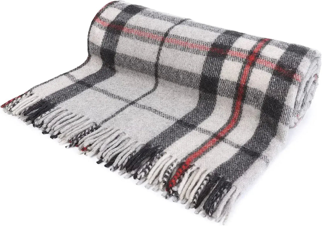Thomson Grey Tartan Wool Blend Throw Travel Blanket 157cm x 189cm