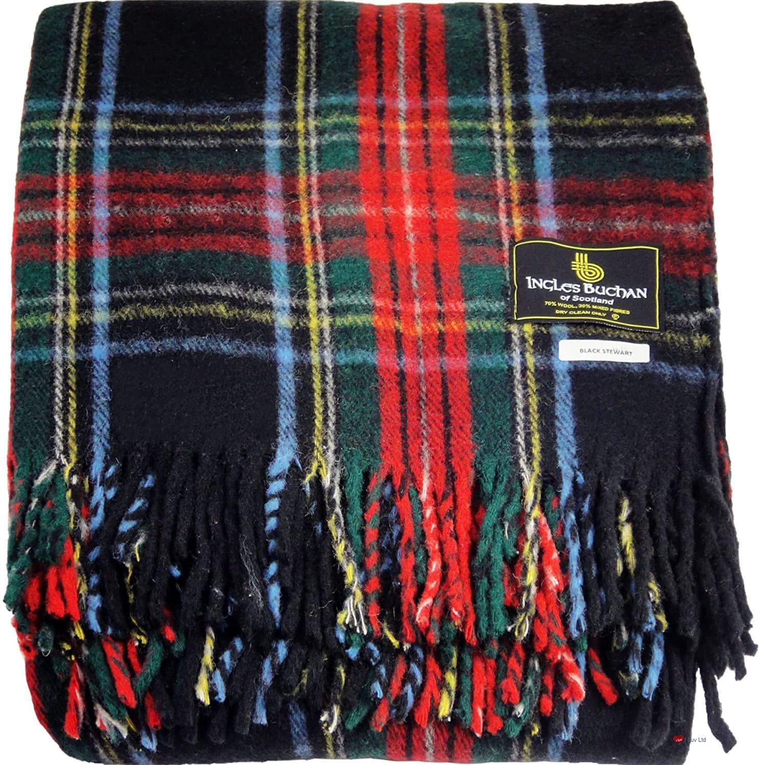 Wool Blend Stewart Black Tartan Travel Blanket/Rug By Ingles Buchan of Scotland