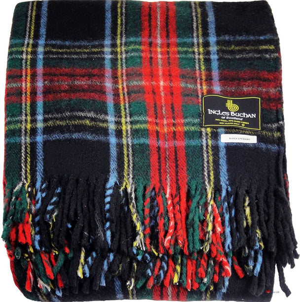 Wool Blend Stewart Black Tartan Travel Blanket/Rug By Ingles Buchan of Scotland
