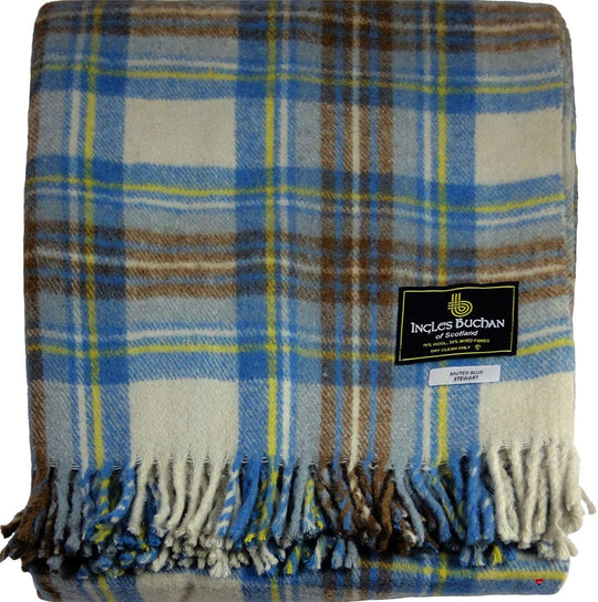 Wool Blend Stewart Muted Blue Tartan Travel Blanket/Rug By Ingles Buchan of Scotland